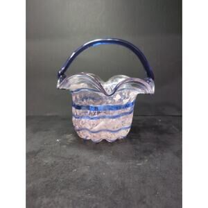 Hand Blown Art Glass Basket w/ Cobalt Blue Spiral White Opalescent Splatter Wavy